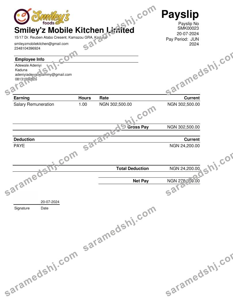 Smiley'z Mobile Kitchen payslip template in Word and PDF formats.pdf, 1